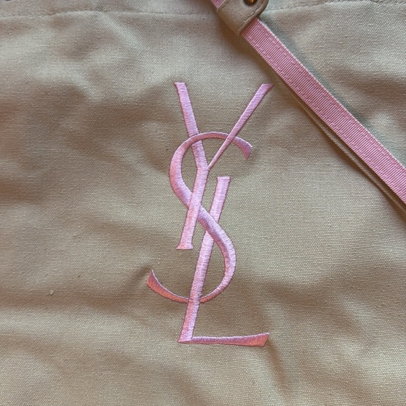 YSL tan canvas pink embroidered woven grosgrain/canvas drawstring closure tote. - Picture 2 of 6